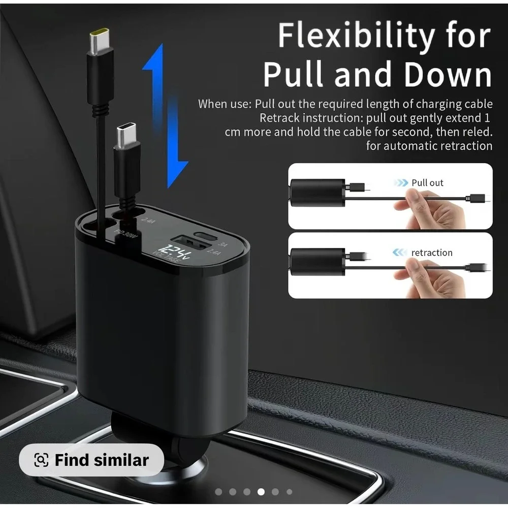 4 in 1 Car Charger USB C PD Fast Charging Retractable Cables Digital Display